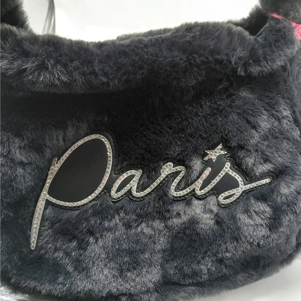 Paris Hilton Handbag Black Faux Fur Rhinestone Logo Baguette Y2K Festival Purse